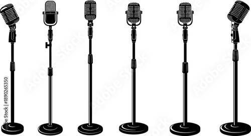 Vintage microphone stand collection vector illustration, retro studio audio equipment silhouettes, classic broadcast microphones set isolated on white background