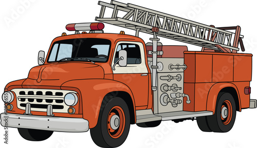 Vintage orange fire truck vector illustration, retro firefighting vehicle with ladder and equipment, classic emergency rescue transport design for safety concept