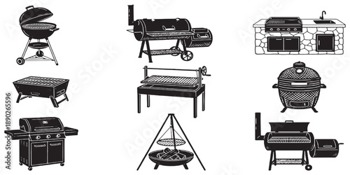 Collection of various barbecue grills and smokers, presented in a clean, illustrative style.