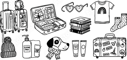 Hand drawn black and white line art of travel essentials including open suitcase, luggage, dog with scarf, books, clothing and skincare items