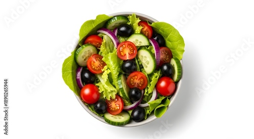 Fresh garden salad with tomatoes cucumbers olives and lettuce isolated on white background