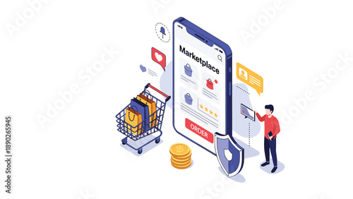 Mobile marketplace shopping concept with a smartphone displaying product orders and a protective security shield.