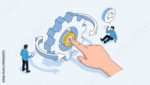 Business process optimization and mechanical engineering concept with people interacting with a large gear system.