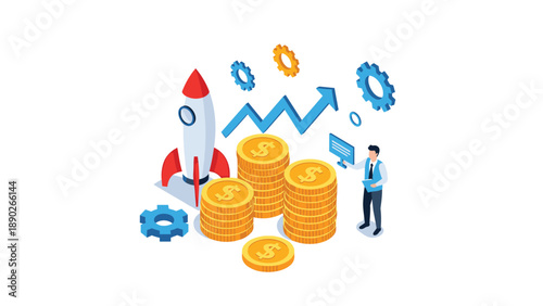 Startup business launch and rapid financial growth concept with a rocket taking off beside stacks of gold coins.