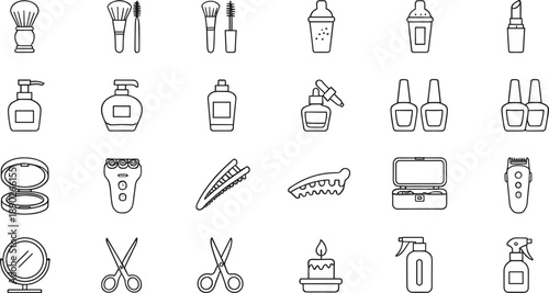 Beauty and grooming line icon set with makeup tools skincare bottles razors scissors and cosmetic accessories