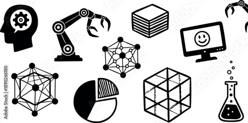 Black and white flat design vector icons representing artificial intelligence robotic arm data network and science symbols on white background