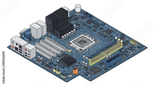 Detailed high-tech computer motherboard illustration showing various electronic components and circuit architecture.