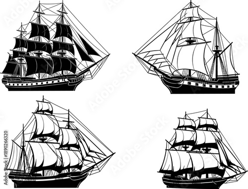 Vintage sailing ships silhouettes collection, classic wooden tall ships vector illustration, nautical maritime transport icons set, black and white ocean vessel design