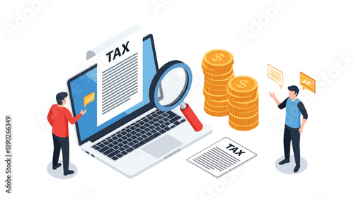 Business tax compliance and financial reporting concept featuring a laptop, magnifying glass, documents, and coins.