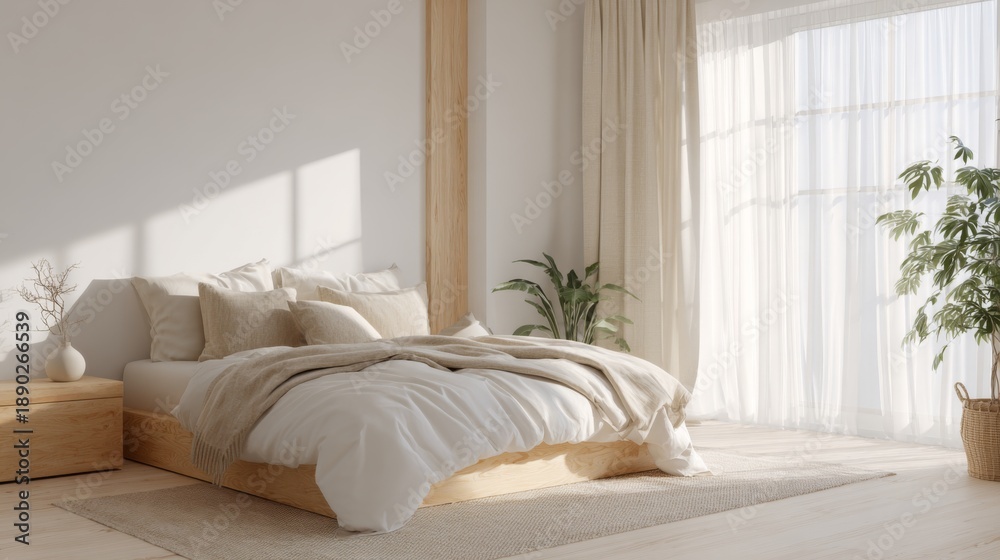 Fototapeta premium Minimal bedroom interior with wooden bed soft linens indoor plants and natural morning light