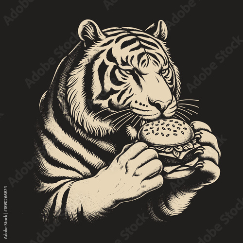 Tigers Burger Bite: A Feline Feast Illustration.