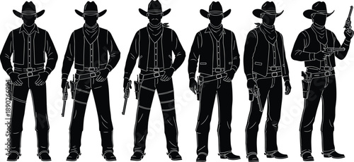 Wild west cowboys vector illustration set with armed gunfighters in western outfits, black silhouette characters for vintage western movie, outlaw, frontier design