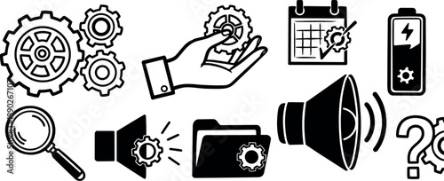 Black and white vector icons of gears hand holding cog calendar settings battery magnifying glass loudspeaker and question mark symbols