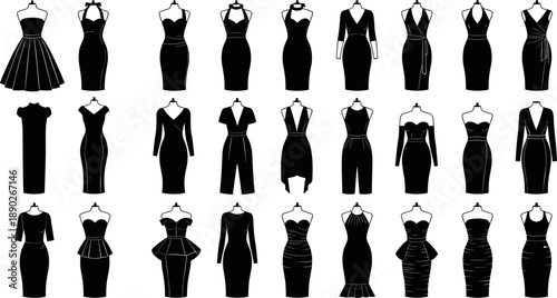 Women fashion dress silhouette collection showcasing elegant evening gowns cocktail dresses and formal apparel designs in black vector illustration set for luxury style branding