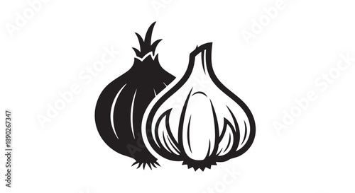Illustration of garlic bulbs, one whole and one peeled, presented in a simple black and white style