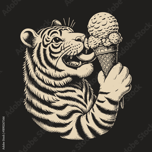Tigers Sweet Treat: An Ice Cream Indulgence in Monochrome.