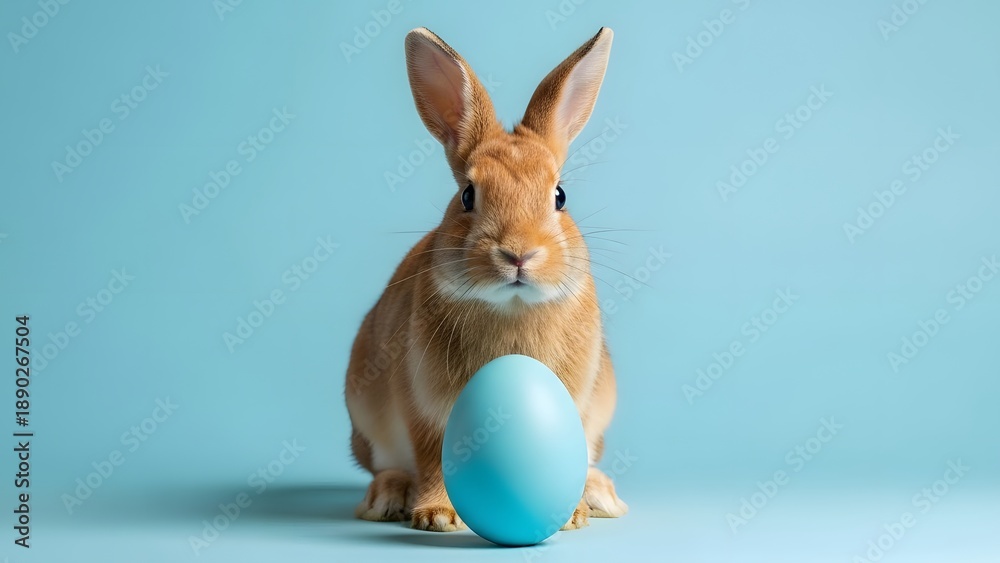 Obraz premium Easter bunny holding large blue easter egg on light blue background