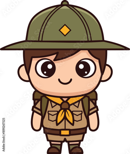 A young boy scout in uniform standing outdoors wearing a hat and backpack with a friendly smile