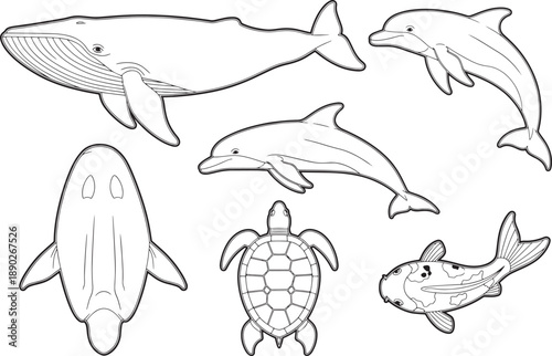 Marine life comes to life, a charming black-and-white illustration of majestic creatures like whales, dolphins, sea turtles, and other ocean inhabitants.
