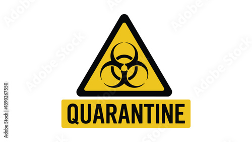 Yellow triangle biohazard symbol with keywords: black border above yellow rectangle sign reading Q U A R A N T I N E