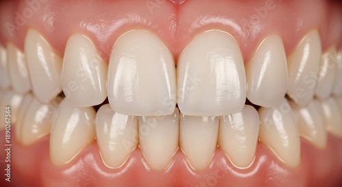 Close-up view of healthy, bright white teeth in a perfect smile.