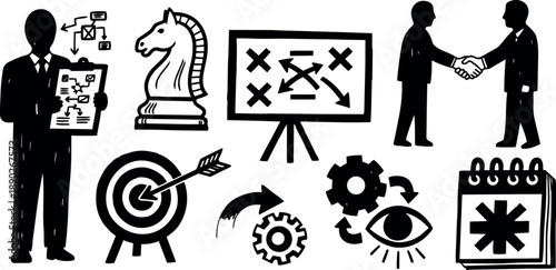 Black silhouette vector icons of businessman holding strategy plan next to chess knight piece target arrow handshake calendar and gears