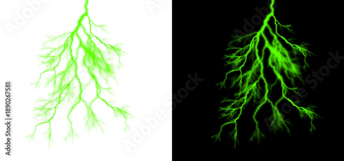 Fotografie Vibrant green lightning bolt strike on transparent and black backgrounds, abstra