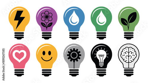 Ten colorful light bulb with diverse symbols representing ideas and concepts keywords: lightbulb energy