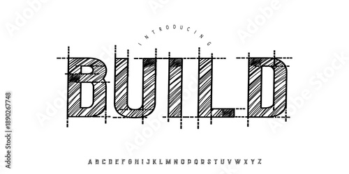 Build font is technical blueprint sketch display font with construction grid lines and architectural drafting style for industrial design.