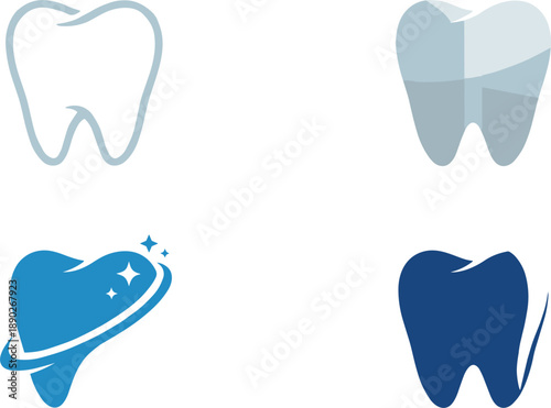 Dental tooth logo icon set with sparkle orbit and shaded styles modern clinic healthcare vector illustration design branding professional