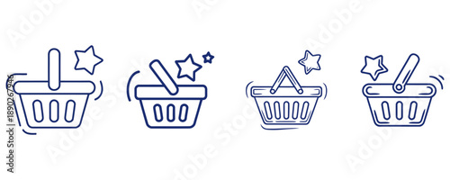 Four blue line icons of shopping baskets with stars on transparent background for business and shopping concepts  representing rewards and offers