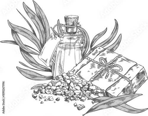 Tea tree leaves, soap and essential oil jug sketch, vector engraved hand drawn organic cosmetics and tea drink products