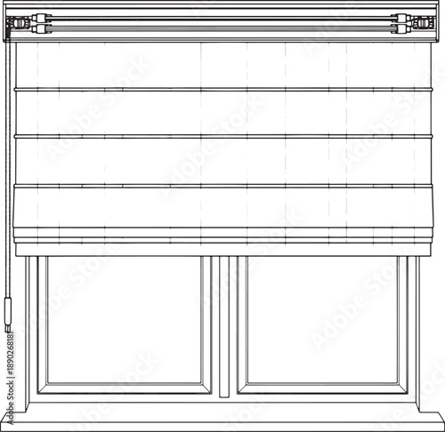 Detailed line drawing of an interior design, with a roman shade window blind, blending the modern design with simplicity.
