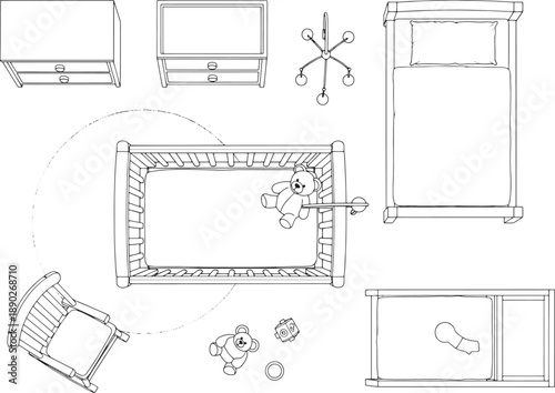 A top-down outline of a nursery room, featuring furniture with a baby crib as the centerpiece.