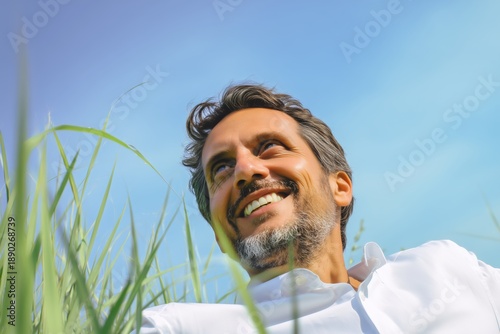 Hombre adulto sonriendo mirando al cielo rodeado de hierba alta, Recurso gráfico para campañas de bienestar y crecimiento personal, Fotografía editorial de estilo wellness y aesthetic minimalista