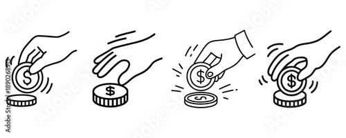 Four hands putting coins into stack with motion lines isolated on transparent background