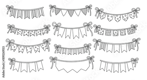 Set of hand drawn party bunting banners and garlands with various patterns in black and white line art style.