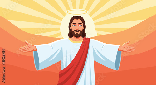 Jesus Christ welcomes everyone with open arms while standing in a desert landscape under a bright glowing sun with radiant light beams.