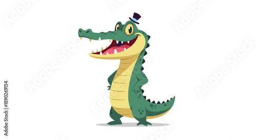 Sophisticated crocodile character wears a purple top hat and stands proudly with a happy expression in this fun animal illustration.