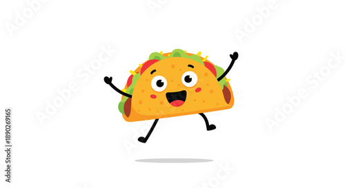 Energetic taco character jumps with excitement against a plain background to showcase a love for Mexican street food and tasty snacks.