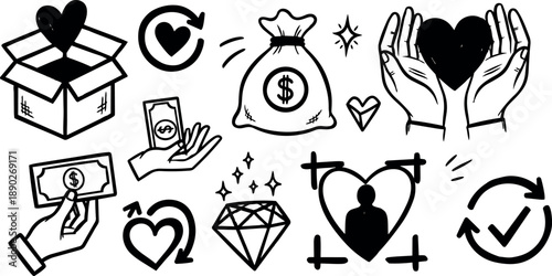 Hand drawn black and white line art icons showing money exchange, heart in hands, diamond, and check mark symbols in simple vector line style
