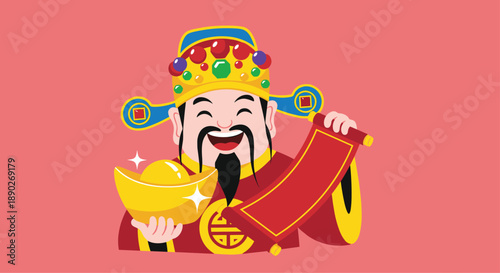 God of wealth from Chinese mythology laughs while holding a lucky gold ingot and a traditional red scroll for new year celebrations.
