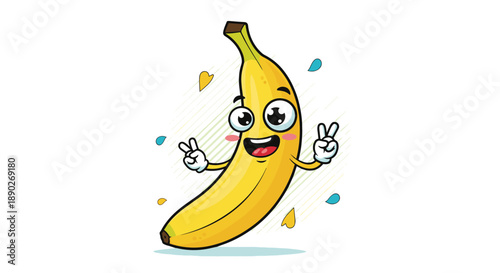 Happy banana character smiles widely while showing peace signs with both hands in a vibrant and fun fruit illustration with confetti.