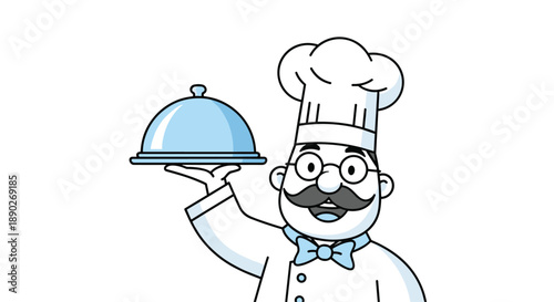 Smiling chef wearing a traditional white hat and mustache presents a delicious meal under a silver cloche in this food service icon.