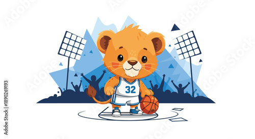 Cute little lion cub wearing a basketball jersey with number thirty-two dribbles a ball on a court during a stadium game with fans.