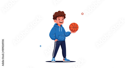 Curly haired boy in a blue hoodie and joggers stands proudly while holding a basketball on his fingertip for a sporty and active theme.