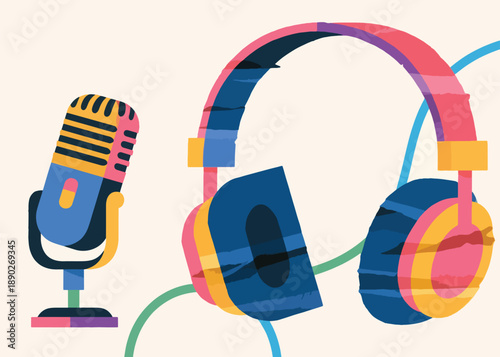Abstract Paper Microphone and Headset Illustrator Artwork Creative Design Template 