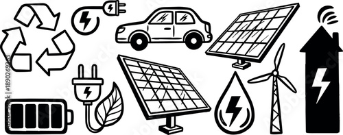 Black line art eco energy icons including solar panels wind turbine electric car battery and recycling symbols in minimal vector design