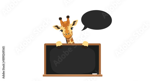 Friendly giraffe peeks over a blackboard with a blank thought bubble to encourage creative thinking and learning in a school setting.