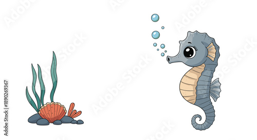 Elegant seahorse swims gracefully through the blue ocean water past colorful shells and green seaweed with rising bubbles in the sea.